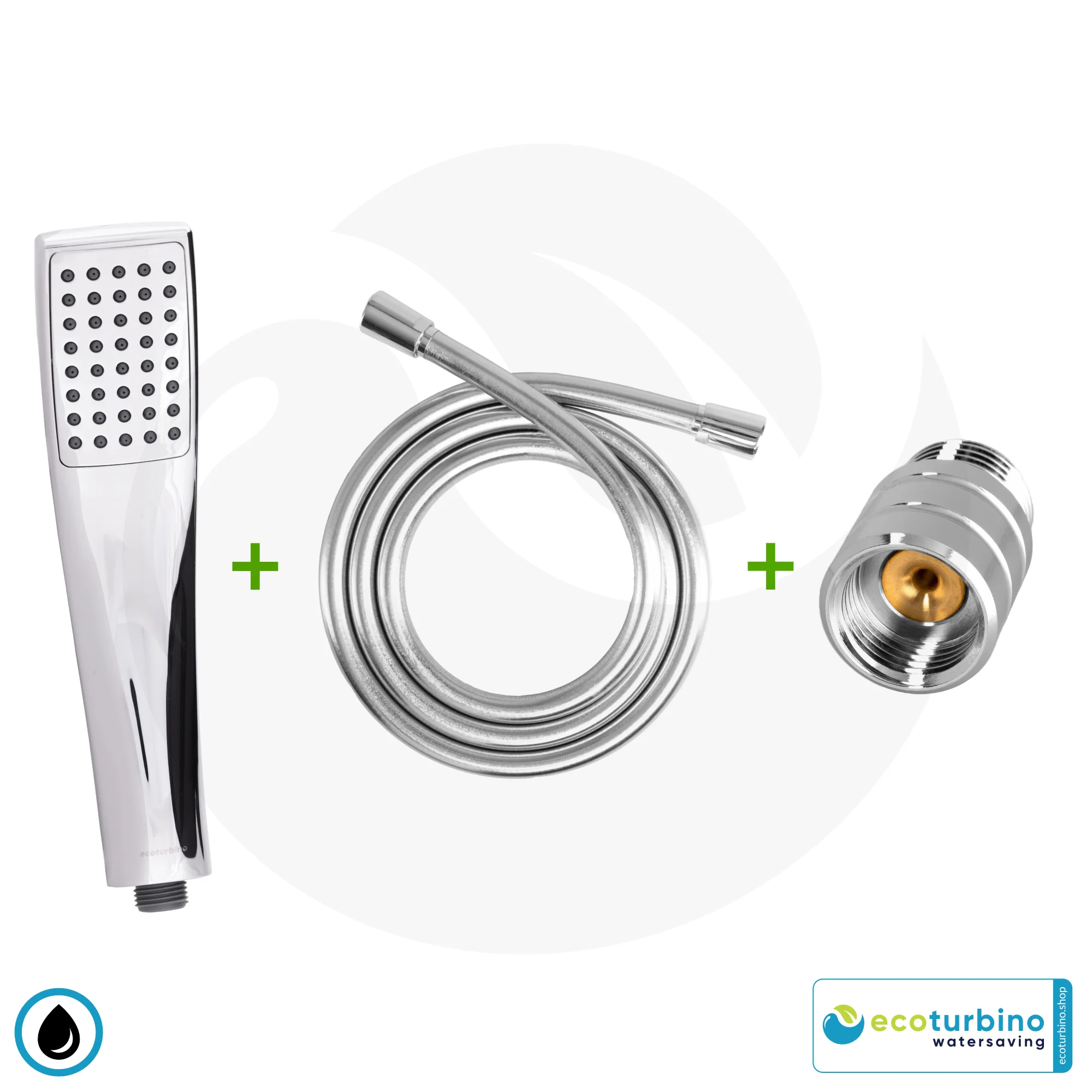 ecoturbino® Duschbrause DELUXE SET 10 Legio | silber | ET10L Wasserspar Adapter + Brauseschlauch + DESIGN Duschkopf