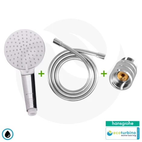 hansgrohe Crometta 100 Vario, 2-Strahl Handbrause SET + ecoturbino® 10 Legio | ET10L Wasserspar Adapter + Duschschlauch + Duschkopf