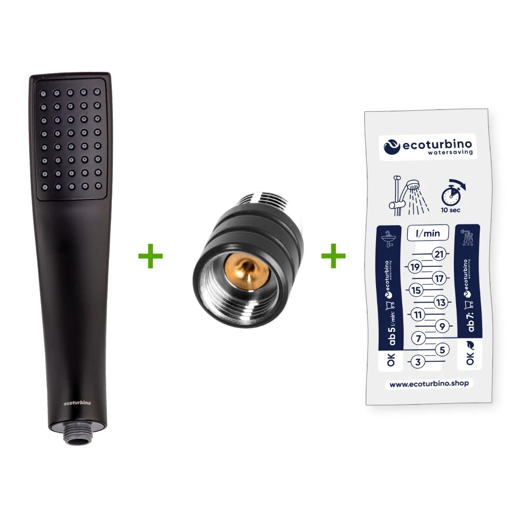 Handdusche UPGRADE DELUXE SET 10 Legio, schwarz | ET10L Wasserspar Adapter + Design Duschkopf - Handbrause | ecoturbino®. Feedbild.