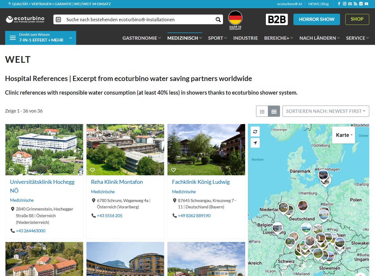 Krankenhäuser ausgestattet mit ecoturbino Duschtechnologie